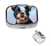Pill Box Small Pill Case 2 Compartment Cute Medicine Organizer Lovely Boston Terrier Travel Pillbox Portable Pill Container Holder Vitamin Organizer to Hold Fish Oils Supplements