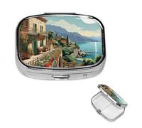 Pill Box Small Pill Case 2 Compartment Cute Medicine Organizer Mediterranean Summer Travel Pillbox Portable Pill Container Holder Vitamin Organizer to Hold Fish Oils Supplements