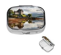 Pill Box Small Pill Case 2 Compartment Cute Medicine Organizer Scotland Castle Water Lake Scottish Travel Pillbox Portable Pill Container Holder Vitamin Organizer to Hold Fish Oils Supplements
