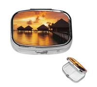 Pill Box Small Pill Case 2 Compartment Cute Medicine Organizer Tahiti Resort Sunset Peel Travel Pillbox Portable Pill Container Holder Vitamin Organizer to Hold Fish Oils Supplements