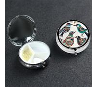 Pill Box Small Pill Case 3 Compartment Metal Pill Holder for Purse or Pocket Travel Pillbox Portable Pill Container Ethnic Style Birds Medicine Organizer for Vitamins Fish Oil