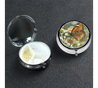 Pill Box Small Pill Case 3 Compartment Metal Pill Holder for Purse or Pocket Travel Pillbox Portable Pill Container Orange Butterfly Medicine Organizer for Vitamins Fish Oil