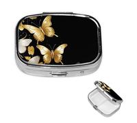 Pill Box Small Pill Case for Pocket & Purse Pill Organizer Portable Pill Container Cute Medicine Organizer Gold White Butterflies Black Travel Pillbox for Vitamin Fish Oil Supplements