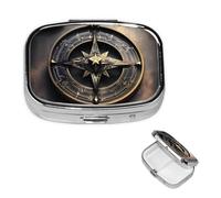 Pill Box Small Pill Case for Pocket & Purse Pill Organizer Portable Pill Container Cute Medicine Organizer Magical Design Norse Runes Compass Travel Pillbox for Vitamin Fish Oil Supplements