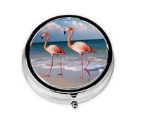 Pill Box Small Pill Case for Pocket & Purse Pill Organizer Portable Pill Container Cute Medicine Organizer Flamingo Walking on The Beach Travel Pillbox for Vitamin Fish Oil Supplements