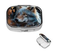 Pill Box Small Pill Case for Pocket & Purse Pill Organizer Portable Pill Container Cute Medicine Organizer Autumn Leaves and a Wolf Travel Pillbox for Vitamin Fish Oil Supplements