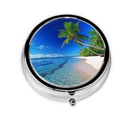 Pill Box Small Pill Case for Pocket & Purse Pill Organizer Portable Pill Container Cute Medicine Organizer Blue Sea Sky Coconut Tree Travel Pillbox for Vitamin Fish Oil Supplements