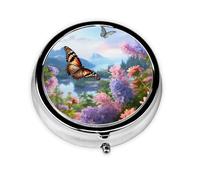 Pill Box Small Pill Case for Pocket & Purse Pill Organizer Portable Pill Container Cute Medicine Organizer Butterfly Garden Travel Pillbox for Vitamin Fish Oil Supplements