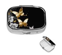 Pill Box Small Pill Case for Pocket & Purse Pill Organizer Portable Pill Container Cute Medicine Organizer Gold White Butterflies Black Travel Pillbox for Vitamin Fish Oil Supplements