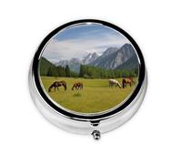 Pill Box Small Pill Case for Pocket & Purse Pill Organizer Portable Pill Container Cute Medicine Organizer Mountain Pasture Grazing Horses Travel Pillbox for Vitamin Fish Oil Supplements