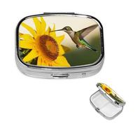 Pill Box Small Pill Case for Pocket & Purse Pill Organizer Portable Pill Container Cute Medicine Organizer Hummingbird Sunflower Travel Pillbox for Vitamin Fish Oil Supplements