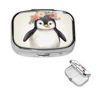 Pill Box Small Pill Case for Pocket & Purse Pill Organizer Portable Pill Container Cute Medicine Organizer Penguin Wearing Flowers Travel Pillbox for Vitamin Fish Oil Supplements