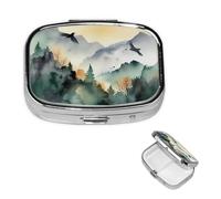 Pill Box Small Pill Case for Pocket & Purse Pill Organizer Portable Pill Container Cute Medicine Organizer Mountain Birds Watercolor Travel Pillbox for Vitamin Fish Oil Supplements