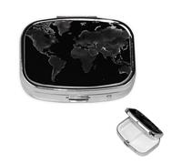 Pill Box Small Pill Case for Pocket & Purse Pill Organizer Portable Pill Container Cute Medicine Organizer Black World Map Travel Pillbox for Vitamin Fish Oil Supplements