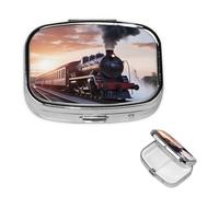 Pill Box Small Pill Case for Pocket & Purse Pill Organizer Portable Pill Container Cute Medicine Organizer Steam Train Depart Sunset Travel Pillbox for Vitamin Fish Oil Supplements