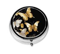 Pill Box Small Pill Case for Pocket & Purse Pill Organizer Portable Pill Container Cute Medicine Organizer Gold White Butterflies Black Travel Pillbox for Vitamin Fish Oil Supplements
