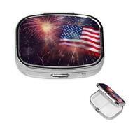 Pill Box Small Pill Case for Pocket & Purse Pill Organizer Portable Pill Container Cute Medicine Organizer Firework American Flag 4Th of July Travel Pillbox for Vitamin Fish Oil Supplements