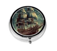 Pill Box Small Pill Case for Pocket & Purse Pill Organizer Portable Pill Container Cute Medicine Organizer Nautical Vintage Sailing Pirate Ship Travel Pillbox for Vitamin Fish Oil Supplements