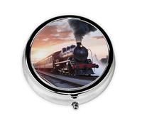 Pill Box Small Pill Case for Pocket & Purse Pill Organizer Portable Pill Container Cute Medicine Organizer Steam Train Depart Sunset Travel Pillbox for Vitamin Fish Oil Supplements