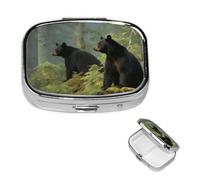 Pill Box Small Pill Case for Pocket & Purse Pill Organizer Portable Pill Container Cute Medicine Organizer Black Bears Travel Pillbox for Vitamin Fish Oil Supplements