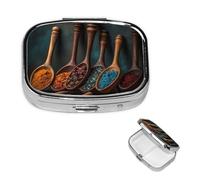 Pill Box Spices on Wooden Spoon Small Pill Case for Purse Pocket 3 Compartment Medicine Pill Organizer Portable Travel Pillbox Metal Pill Container Holder to Hold Vitamins Fish Oil Supplements
