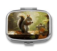 Pill Box Squirrel Eats Nuts Travel Pill Organizer 2-Compartment Portable Medicine Case with Mirror Design for Vitamins, Jewelry & Essentials Durable Pocket Pillbox for Purse, Camping