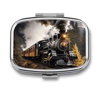 Pill Box Steam Train Travel Pill Organizer 2-Compartment Portable Medicine Case with Mirror Design for Vitamins, Jewelry & Essentials Durable Pocket Pillbox for Purse, Camping