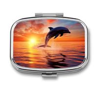 Pill Box Sunset Dolphin Travel Pill Organizer 2-Compartment Portable Medicine Case with Mirror Design for Vitamins, Jewelry & Essentials Durable Pocket Pillbox for Purse, Camping