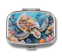 Pill Box Swimming Turtle in Coral Reef Travel Pill Organizer 2-Compartment Portable Medicine Case with Mirror Design for Vitamins, Jewelry & Essentials Durable Pocket Pillbox for Purse, Camping