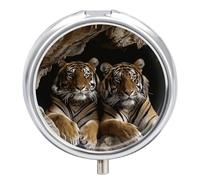Pill Box Tiger in Cave Round Metal Pill Case with 3 Compartments Portable Mini Medicine Drug Holder Travel Medicine Tablet Vitamin Holder Organizer