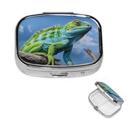 Pill Box Travel Pillbox with 2 Compartment Small Pill Case for Purse & Pocket Portable Medicine Organizer Green Lizard Cute Round Pill Container for Vitamins Medication Fish Oil