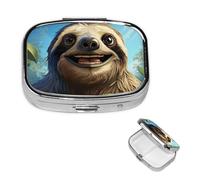 Pill Box Travel Pillbox with 2 Compartment Small Pill Case for Purse & Pocket Portable Medicine Organizer Cartoon Funny Sloth Cute Round Pill Container for Vitamins Medication Fish Oil