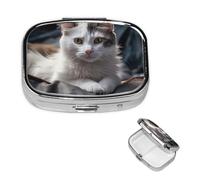 Pill Box Travel Pillbox with 2 Compartment Small Pill Case for Purse & Pocket Portable Medicine Organizer Cat on Mattress Cute Round Pill Container for Vitamins Medication Fish Oil