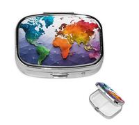 Pill Box Travel Pillbox with 2 Compartment Small Pill Case for Purse & Pocket Portable Medicine Organizer Color World map Cute Round Pill Container for Vitamins Medication Fish Oil