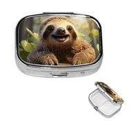 Pill Box Travel Pillbox with 2 Compartment Small Pill Case for Purse & Pocket Portable Medicine Organizer Cartoon Sloth Cute Round Pill Container for Vitamins Medication Fish Oil