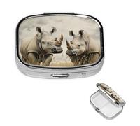 Pill Box Travel Pillbox with 2 Compartment Small Pill Case for Purse & Pocket Portable Medicine Organizer Two Rhinos Cute Round Pill Container for Vitamins Medication Fish Oil