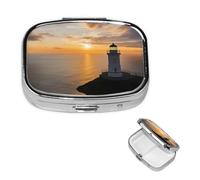 Pill Box Travel Pillbox with 2 Compartment Small Pill Case for Purse & Pocket Portable Medicine Organizer Sea and Lighthouse Cute Round Pill Container for Vitamins Medication Fish Oil