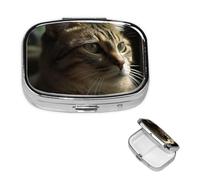 Pill Box Travel Pillbox with 2 Compartment Small Pill Case for Purse & Pocket Portable Medicine Organizer Tabby Cat Cute Round Pill Container for Vitamins Medication Fish Oil