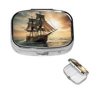 Pill Box Travel Pillbox with 2 Compartment Small Pill Case for Purse & Pocket Portable Medicine Organizer Ship Sailing Alone Cute Round Pill Container for Vitamins Medication Fish Oil