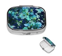 Pill Box Travel Pillbox with 2 Compartment Small Pill Case for Purse & Pocket Portable Medicine Organizer Green Butterfly and Blue Flowers Cute Round Pill Container for Vitamins Medication Fish Oil