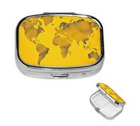Pill Box Travel Pillbox with 2 Compartment Small Pill Case for Purse & Pocket Portable Medicine Organizer Yellow World map Cute Round Pill Container for Vitamins Medication Fish Oil