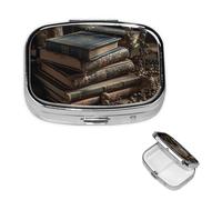 Pill Box Travel Pillbox with 2 Compartment Small Pill Case for Purse & Pocket Portable Medicine Organizer Stack of Old Books Cute Round Pill Container for Vitamins Medication Fish Oil