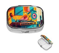 Pill Box Travel Pillbox with 2 Compartment Small Pill Case for Purse & Pocket Portable Medicine Organizer Record Player Painting Cute Round Pill Container for Vitamins Medication Fish Oil