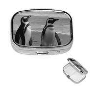 Pill Box Travel Pillbox with 2 Compartment Small Pill Case for Purse & Pocket Portable Medicine Organizer Penguin Standing on The Beach Cute Round Pill Container for Vitamins Medication Fish Oil