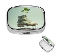 Pill Box Travel Pillbox with 2 Compartment Small Pill Case for Purse & Pocket Portable Medicine Organizer Shoes and Green Buds Cute Round Pill Container for Vitamins Medication Fish Oil