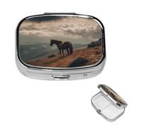 Pill Box Travel Pillbox with 2 Compartment Small Pill Case for Purse & Pocket Portable Medicine Organizer Horse Grazing on The Mountain Cute Round Pill Container for Vitamins Medication Fish Oil