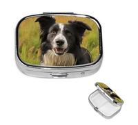 Pill Box Travel Pillbox with 2 Compartment Small Pill Case for Purse & Pocket Portable Medicine Organizer Mohado Border Collie Dog Cute Round Pill Container for Vitamins Medication Fish Oil