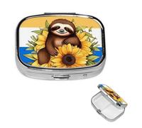 Pill Box Travel Pillbox with 2 Compartment Small Pill Case for Purse & Pocket Portable Medicine Organizer Cartoon Sloth Sitting on Sunflower Cute Round Pill Container for Vitamins Medication Fish Oil