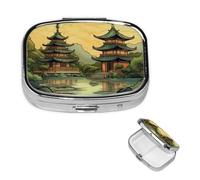 Pill Box Travel Pillbox with 2 Compartment Small Pill Case for Purse & Pocket Portable Medicine Organizer Two Pagodas on The Lake Cute Round Pill Container for Vitamins Medication Fish Oil