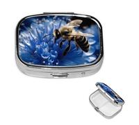 Pill Box Travel Pillbox with 2 Compartment Small Pill Case for Purse & Pocket Portable Medicine Organizer Blue Flower Bee Cute Round Pill Container for Vitamins Medication Fish Oil